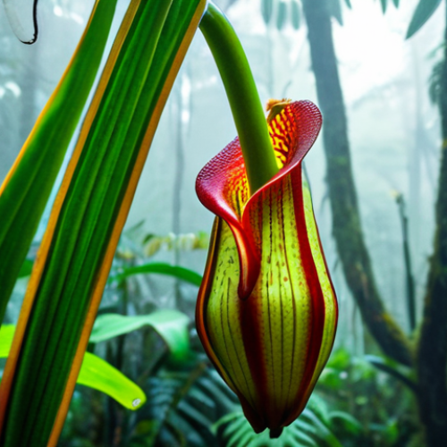 A close-up shot of a magnificent Nepenthes pitcher plant, vibrant green and red, intricately detailed, situated in a lush, misty Malaysian tropical rainforest. A small, harmless insect is perched near the pitcher's opening, showcasing natural adaptation. The scene is verdant and alive, with diffused natural light filtering through the dense canopy. professional photography, high quality, safe for work, appropriate content, family-friendly, perfect anatomy, correct proportions, natural pose, detailed foliage.
