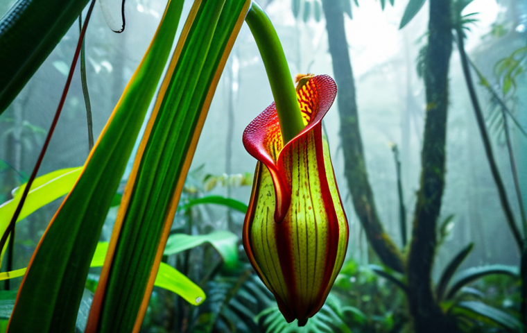 A close-up shot of a magnificent Nepenthes pitcher plant, vibrant green and red, intricately detailed, situated in a lush, misty Malaysian tropical rainforest. A small, harmless insect is perched near the pitcher's opening, showcasing natural adaptation. The scene is verdant and alive, with diffused natural light filtering through the dense canopy. professional photography, high quality, safe for work, appropriate content, family-friendly, perfect anatomy, correct proportions, natural pose, detailed foliage.