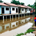 A group of Malaysian community members, including adults and children, observing a residential street in Shah Alam partially affected by floodwaters. They are standing on higher ground or a raised walkway, looking with concern but also a sense of communal resilience. The street shows some debris and a partially submerged car. All individuals are fully clothed in modest, everyday attire, appropriate for the situation. The scene depicts a calm, reflective atmosphere, emphasizing the environmental impact without showing active danger or distress. The composition is a wide shot, showcasing the community and the affected environment. safe for work, appropriate content, family-friendly, perfect anatomy, correct proportions, natural pose, well-formed hands, proper finger count, natural body proportions, professional photography, high quality.