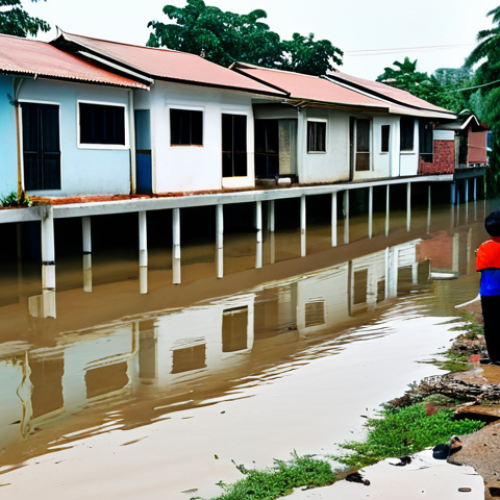 A group of Malaysian community members, including adults and children, observing a residential street in Shah Alam partially affected by floodwaters. They are standing on higher ground or a raised walkway, looking with concern but also a sense of communal resilience. The street shows some debris and a partially submerged car. All individuals are fully clothed in modest, everyday attire, appropriate for the situation. The scene depicts a calm, reflective atmosphere, emphasizing the environmental impact without showing active danger or distress. The composition is a wide shot, showcasing the community and the affected environment. safe for work, appropriate content, family-friendly, perfect anatomy, correct proportions, natural pose, well-formed hands, proper finger count, natural body proportions, professional photography, high quality.