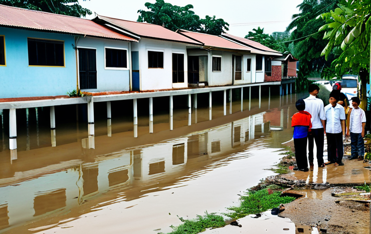 A group of Malaysian community members, including adults and children, observing a residential street in Shah Alam partially affected by floodwaters. They are standing on higher ground or a raised walkway, looking with concern but also a sense of communal resilience. The street shows some debris and a partially submerged car. All individuals are fully clothed in modest, everyday attire, appropriate for the situation. The scene depicts a calm, reflective atmosphere, emphasizing the environmental impact without showing active danger or distress. The composition is a wide shot, showcasing the community and the affected environment. safe for work, appropriate content, family-friendly, perfect anatomy, correct proportions, natural pose, well-formed hands, proper finger count, natural body proportions, professional photography, high quality.